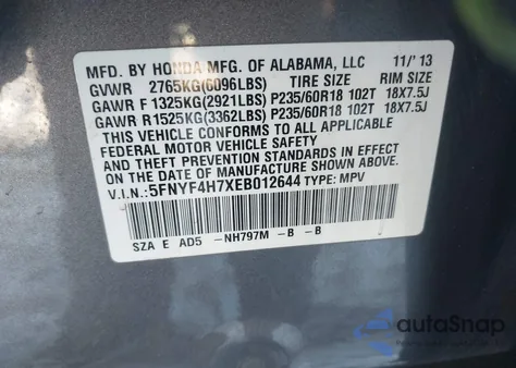 2014 Honda Pilot Ex-L из США, поврежденный, VIN 5FNYF4H7XEB012644